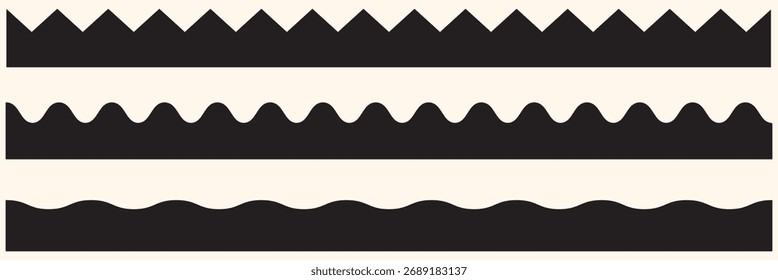 Scalloped edge line border strokes set. Fabric laces silhouette frame. Repeat cute vintage frill ornament. Black color Scalloped edge. Vector illustration. EPS 10.