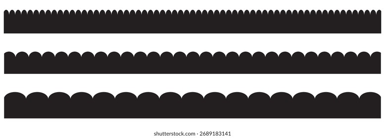 Conjunto de trazos de borde de línea de borde festoneado. Marco de silueta de cordones de tela. Repite el adorno de volantes vintage lindo. Color negro Borde festoneado. Ilustración vectorial. EPS 10.