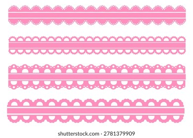 Scalloped edge pink lace set border, cute textile frill stripe. scalloped border, frame, pattern isolated. Zigzag edge border, cutout decoration line frame collection
