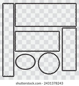 Scalloped edge rectangle, ellipse shapes. Retro wave  design elements with frill border. Scallop edge shapes - circle, square, oval, modern brutalism forms. Vector illustration