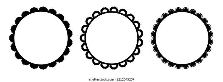 Scalloped edge round strokes set. Simple circle scalloped border. Fabric laces silhouette frame. Repeat cute vintage frill ornament. Texture ribbons. Vector illustration isolated on white background.