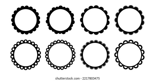 Scalloped edge round strokes set. Simple circle scalloped border. Fabric laces silhouette frame. Repeat cute vintage frill ornament. Texture ribbons. Vector illustration isolated on white background.