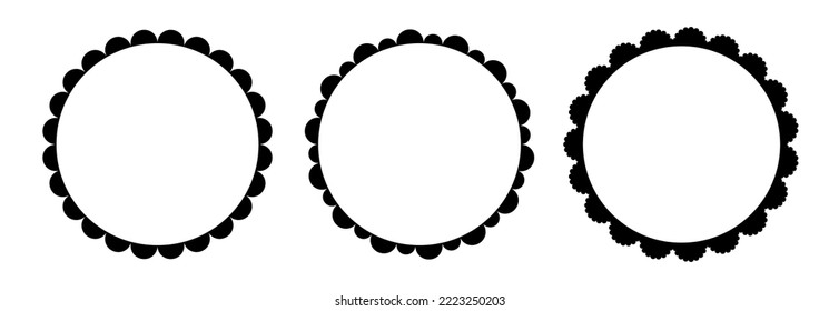 Scalloped edge round strokes set. Simple circle scalloped border. Fabric laces silhouette frame. Repeat cute vintage frill ornament. Texture ribbons. Vector illustration isolated on white background.