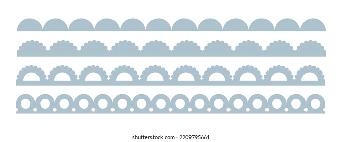 Scalloped edge seamless brush strokes set. Simple scalloped border. Fabric laces silhouette. Repeat cute vintage frill ornament. Texture ribbons. Vector illustration isolated on white background.