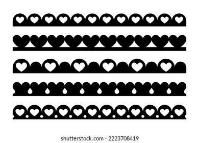 Scalloped edge seamless brush strokes set with hearts. Simple scalloped border. Fabric laces silhouette. Cute vintage frill ornament. Texture ribbons. Vector illustration isolated on white background.