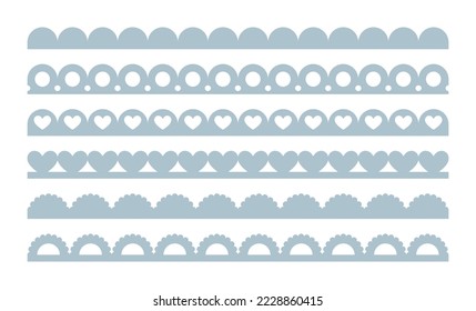 Scalloped edge seamless brush strokes set. Simple scalloped border. Fabric laces silhouette. Repeat cute vintage frill ornament. Texture ribbons. Vector illustration isolated on white background.