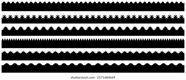 Scalloped edge seamless brush strokes set. Scalloped edge border frilly stroke divider black silhouette stripe, tape collection isolated on white background.
