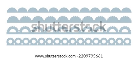 Scalloped edge seamless brush strokes set. Simple scalloped border. Fabric laces silhouette. Repeat cute vintage frill ornament. Texture ribbons. Vector illustration isolated on white background. Foto stock © 