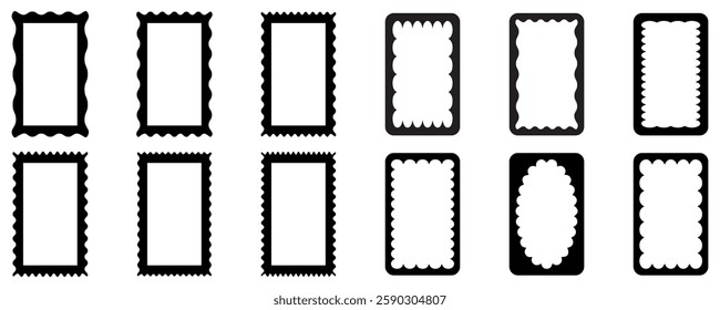 Scalloped edge seamless frame. borders and dividers. Vector scalloped round, oval, square or rectangular shapes with black elegant curves boast vintage intricacy,