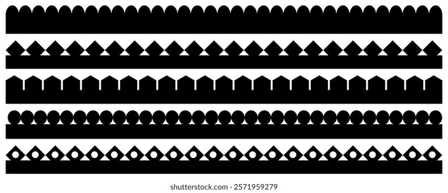 Scalloped edge seamless lace borders and dividers for frames or frill ribbons. scallop vector trim art design vector, Set of scallop edge frames black shapes isolated on white background.