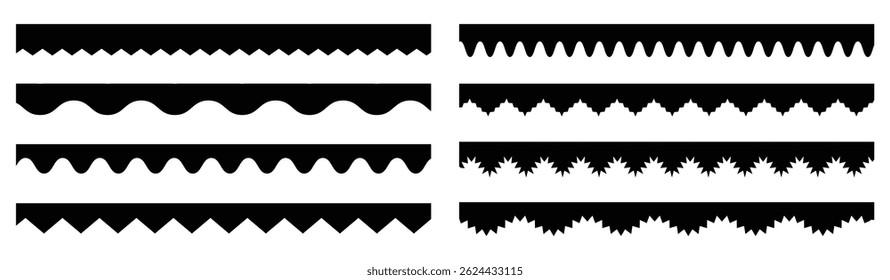 Scalloped edge seamless set. borders line set. Simple Scalloped edge line border strokes set.  Fabric laces silhouette border frame. Lace line edge for frame Vector illustration.