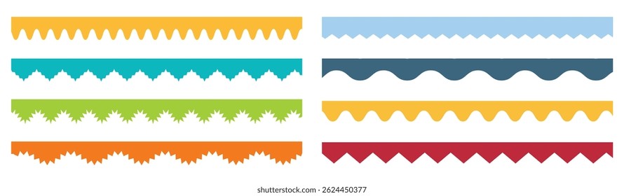 Conjunto sin fisuras de borde festoneado. conjunto de líneas de bordes. Conjunto de trazos de borde de línea colorida festoneada simple. Marco de borde de silueta de cordones de tela. Borde de línea de encaje para la Ilustración vectorial del marco.