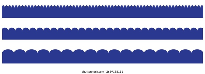 Scalloped edge seamless set. borders and dividers. Simple scalloped border. Repeat cute vintage frill ornament. Texture ribbons. Vector illustration isolated on white background. Blue color Scalloped.