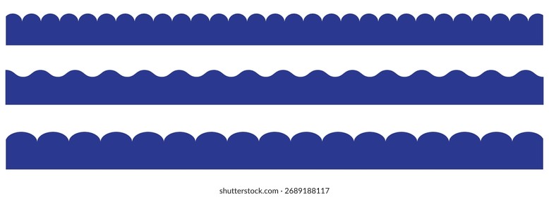 Conjunto de borde festoneado sin fisuras. bordes y divisores. Borde festoneado simple. Repite el adorno de volantes vintage lindo. Cintas de textura. Ilustración vectorial aislada sobre fondo blanco. Festoneado de color azul.