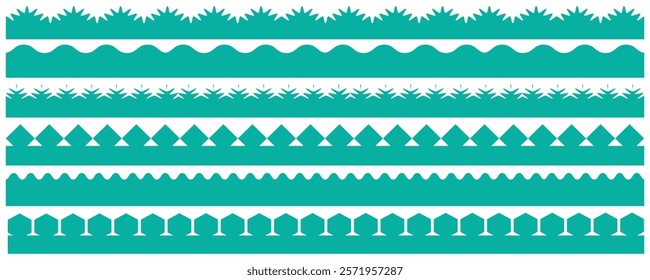 scalloped edge seamless strokes border and frame set. edges, retro scallop frames, psychedelic forms, groovy shapes set. Color zigzag wavy edges, Vector illustration isolated on white background.