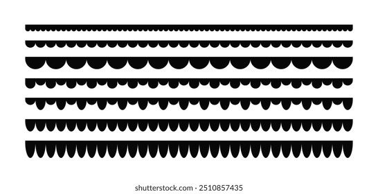 Scalloped edge seamless strokes set. Simple scalloped border. Fabric laces silhouette. Repeat cute vintage frill ornament. Texture ribbons. Vector illustration isolated on white background.