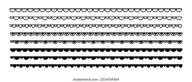 Scalloped edge seamless strokes set. Simple scalloped border. Fabric laces silhouette. Repeat cute vintage frill ornament. Texture ribbons. Vector illustration isolated on white background.