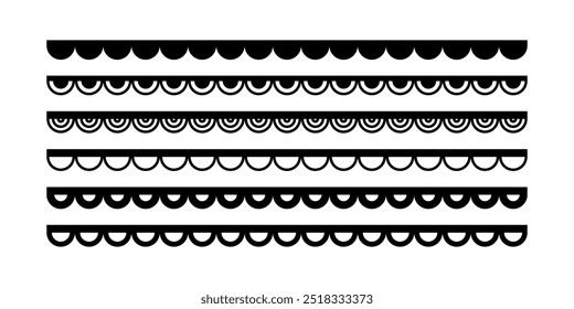 Conjunto de traçados sem costura de borda recortada. Borda recortada simples. Silhueta de cadarços de tecido. Repita o ornamento bonito vintage frill. Fitas de textura. Ilustração vetorial isolada sobre fundo branco.