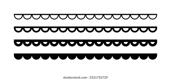 Scalloped edge seamless strokes set. Simple scalloped border. Fabric laces silhouette. Repeat cute vintage frill ornament. Texture ribbons. Vector illustration isolated on white background.