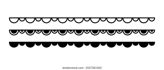 Scalloped edge seamless strokes set. Simple scalloped border. Fabric laces silhouette. Repeat cute vintage frill ornament. Texture ribbons. Vector illustration isolated on white background.