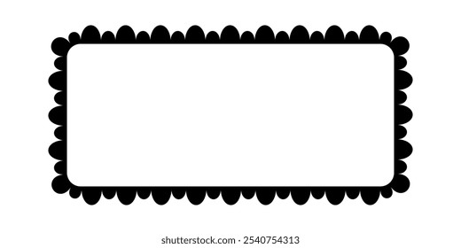 Scalloped edge square frame. Simple rectangle scalloped border. Fabric lace pattern frame. Repeat cute vintage frill ornament. Texture ribbon. Vector illustration isolated on white background.