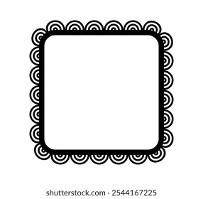 Scalloped edge square frame. Simple rectangle scalloped border. Fabric lace pattern frame. Repeat cute vintage frill ornament. Texture ribbon. Vector illustration isolated on white background.