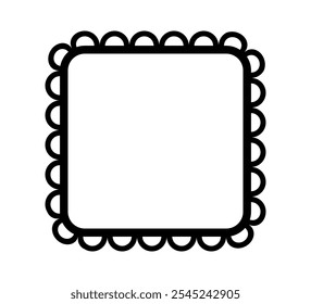 Scalloped edge square frame. Simple rectangle scalloped border. Fabric lace pattern frame. Repeat cute vintage frill ornament. Texture ribbon. Vector illustration isolated on white background.