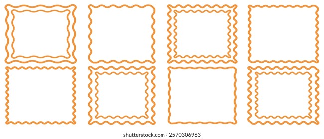 Scalloped Edge Square orange color border Frame Set.  Square circle and rectangle shape. Vector lace frill. Simple cute label.  Empty text boxes or banners templates isolated on white background.