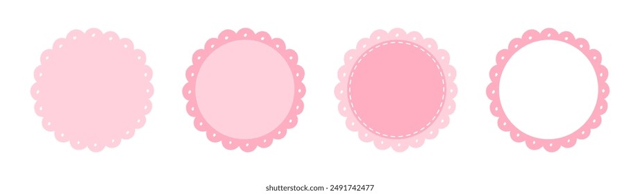 Scalloped Edge Stitched Circle Badge Vector Set. Simple label sticker frame template. Cute vintage frill ornament. Vector illustration isolated on white background.