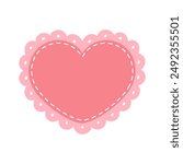 Scalloped Edge Stitched Heart Frame Badge Vector. Simple label sticker template. Cute Valentines Day frill ornament. Vector illustration isolated on white background.