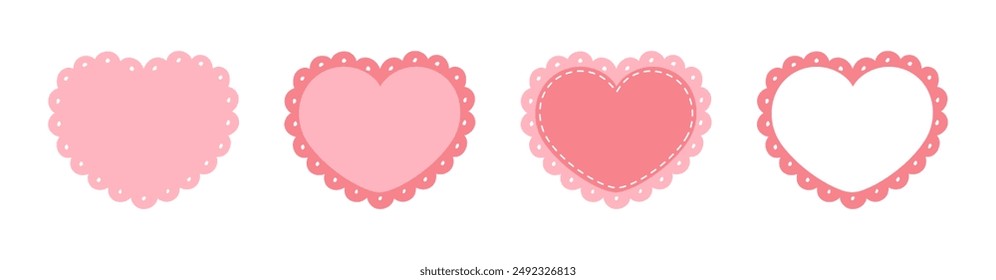 Scalloped Edge Stitched Heart Frame Badge Set. Simple label sticker template. Cute Valentines Day frill ornament. Vector illustration isolated on white background.