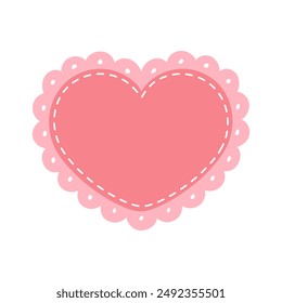 Scalloped Edge Stitched Heart Frame Badge Vector. Simple label sticker template. Cute Valentines Day frill ornament. Vector illustration isolated on white background.