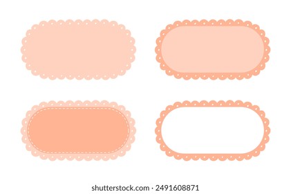 Scalloped Edge Stitched Rectangle Long Frame Badge Set. Simple label sticker template. Cute vintage frill ornament. Vector illustration isolated on white background.