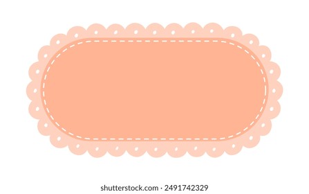 Scalloped Edge Stitched Rectangle Long Frame Badge Vector. Simple label sticker template. Cute vintage frill ornament. Vector illustration isolated on white background.