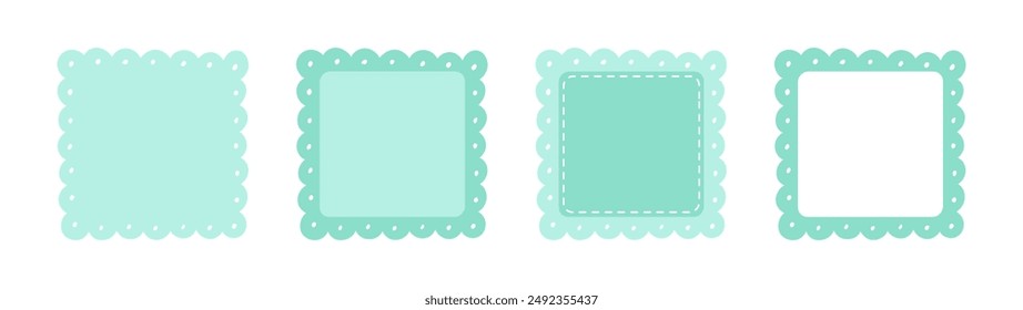 Scalloped Edge Stitched Square Badge Set. Simple label sticker template. Cute vintage frill ornament. Vector illustration isolated on white background.