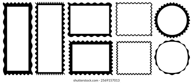 Scalloped edged frame set. Simple label and sticker form. Flower silhouette lace frame. Tags, labels, stamps, crackers, coupons rectangle boxes with  wiggly, wavy edges isolated on white background.