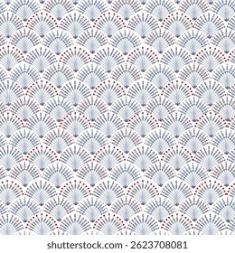 Scalloped floral seamless pattern. Japanese fan-shaped flower seamless pattern on blue motif on white background. 