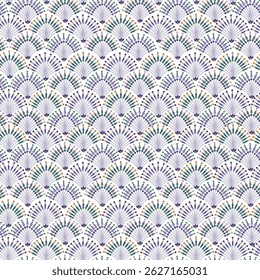 Scalloped floral seamless pattern. Japanese fan-shaped flower seamless pattern on purple motif on white background. 