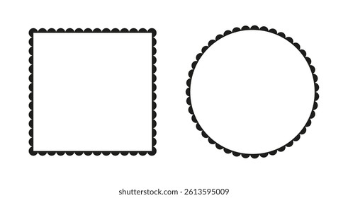 Scalloped frame mockups. Scalloped edge square, circle shapes. Label forms. Silhouette lace minimal black frames. Abstract elements for tag, stickers, backdrops.