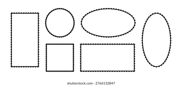 Scalloped frame. Set of scalloped edge rectangle, ellipse, circle, square shapes. Label forms. Silhouette lace black frame, background. Abstract elements for tag, sticker.