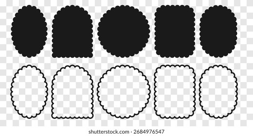 Scalloped frame vector label template. Blank scallop frames isolated on transparent background. Black silhouette and outline label set. Various shapes border