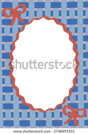Scalloped frame with wavy border, ribbon bows, and woven backdrop for greeting or invite. Symbol of celebration, gift, and message space for announcement or sale. Cartoon vector illustration.