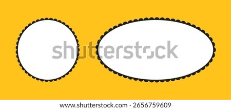 Scalloped frames. Scalloped edge circle, ellipse shapes. Label round, oval forms. Silhouette lace frame template. Elements for tag, stickers.