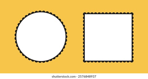 Scalloped frames. Rectangle, ellipse shapes backgrounds. Circle, square labels, sticker, stamps, crackers, coupons, forms. Flower silhouette lace backdrop.