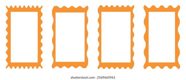  scalloped frames with wavy edges. Zig zag Wavy Edge Rectangle, Oval, Circle Stickers Set. cute curved frame box. Trendy vector template, Abstract Elements for Frame, Stamp, Template, Promo Design,