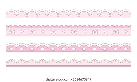 Scalloped lace border with heart, ribbon and dots. Cute lace ornament divider.	