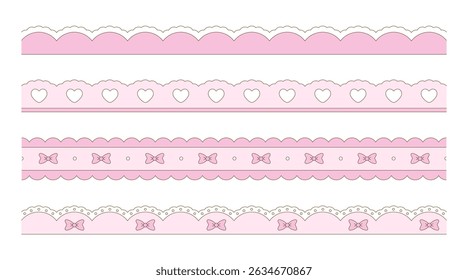 Scalloped lace border with heart, ribbon and dots. Cute lace ornament divider.	