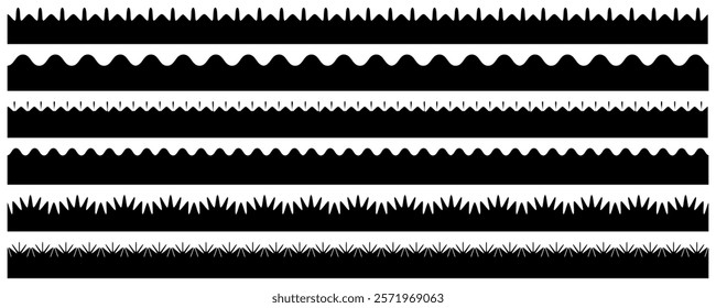 Scalloped lace edge frame, border and dividers, fabric patterns, black scalloped elegant stripes frill ribbons vector set. Texture ribbons. Vector illustration isolated on white background.