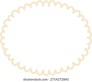 Borde de marco ovalado festoneado con línea de encaje ondulada y centro vacío para texto o etiqueta. Símbolo de elegancia, artesanía, papelería y Plantilla de invitación. Ilustración vectorial de dibujos animados.