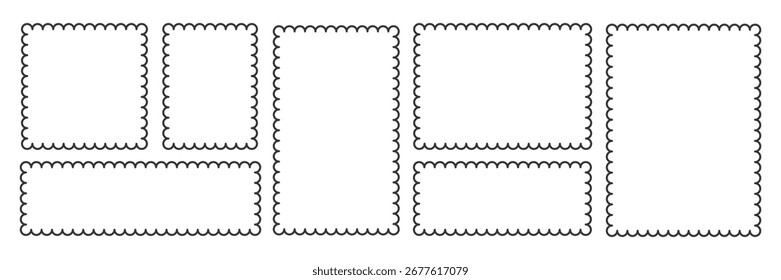 Scalloped rectangle Frame set. Outline border template. Simple label vector. Minimalist wavy line frames. Blank rectangular text box. Scallop edge stamp
